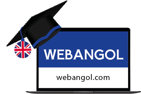 Webangol.com online angol nyelvtanulás weboldalának színes kék, fehér és piros színű logója. Laptopon egy ballagói sapkával.